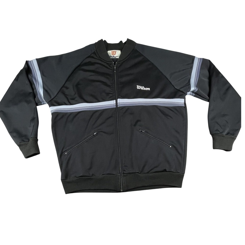 Wilson Track Jacket Vintage Mens L Black Striped Full Zip Bomber Athletic Logo